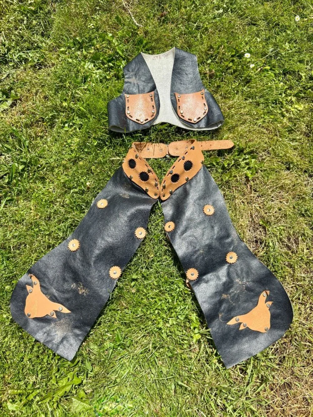 Vintage 1960s Western Costume Set Featuring Black And Leather Chaps and Vest
